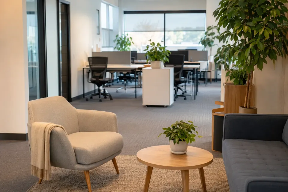 AI-generated example of a quiet modern office lounge